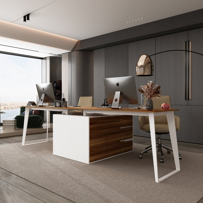 108"W 2 Person Computer Desk, White/Brown