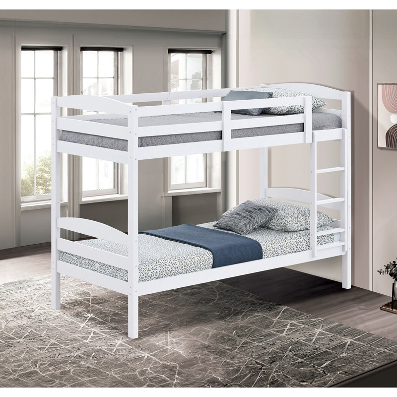 Lit simple au-dessus d'un lit superposé blanc avec arche transitionnelle, bois massif et d'ingénierie, serrure à insert, finition de chambre à coucher, joint, cadre