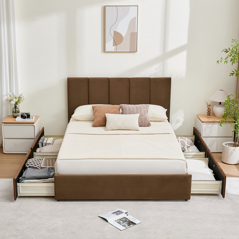 Juanetta Upholstered Platform Storage Bed With 4 Drawers, Queen, Coffee