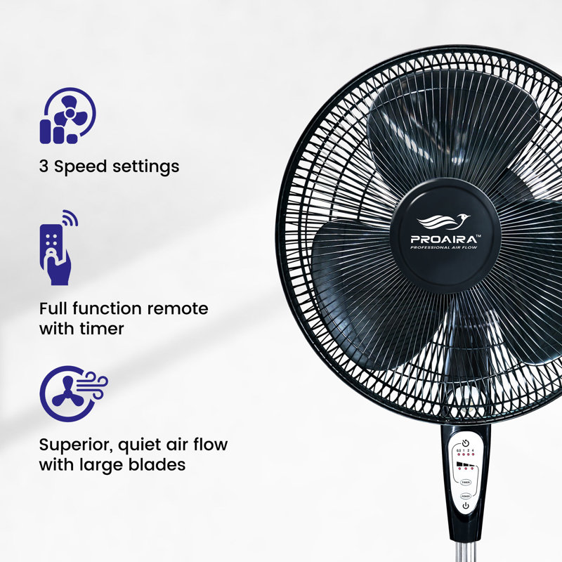 Ventilateur à piédestal oscillant 18 po Proaira, noir avec télécommande