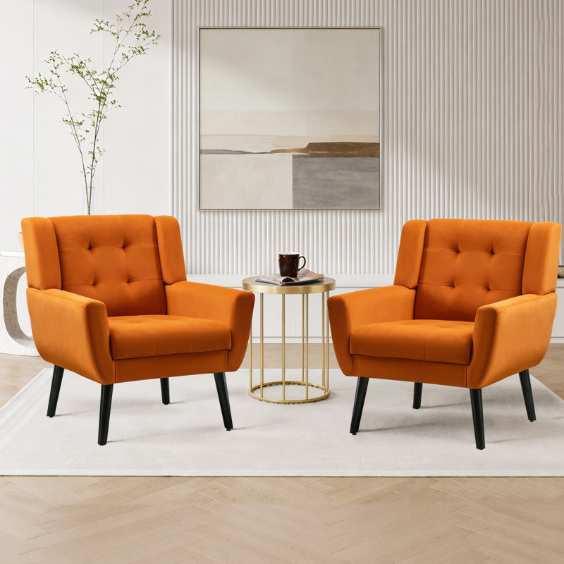 Tufted Upholstered Wide Back Armchair（Set of 2）, Orange Velvet