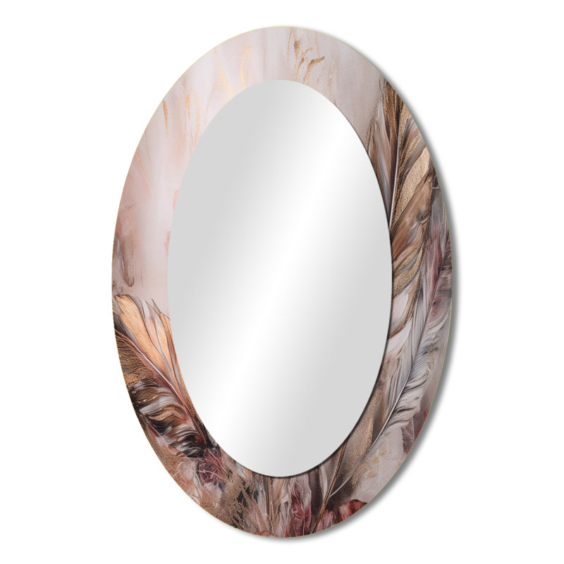 Gold Glamorous Feathers Of Boho Fantasy IV - Floral Oval Decorative Mirror On Metal, 36" x 24"