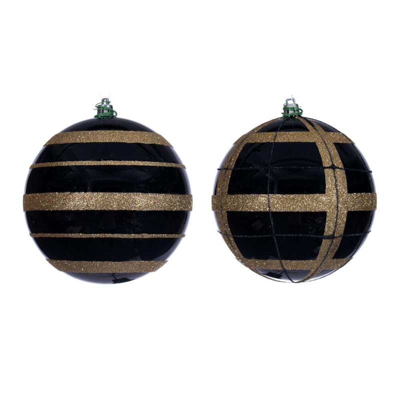 Vickerman Glitter Ornament Assortment. 2 plaid, and 2 horizontal stripes., White, 4.75" H x 4.75" W x 4.75" D