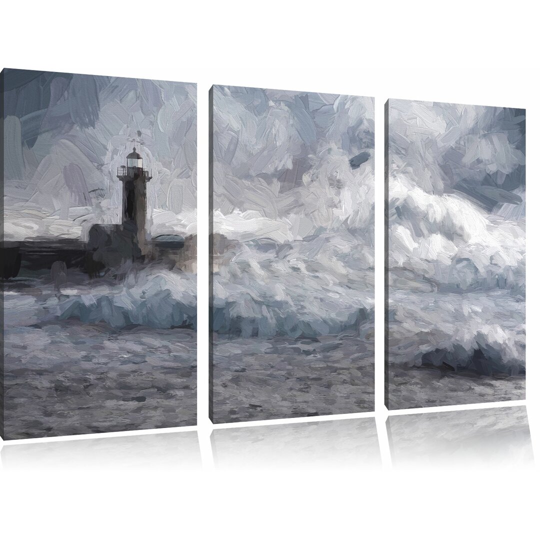 3-tlg. Leinwandbilder-Set „Sturmwellen Leuchtturm Portugal“, Grafikdruck