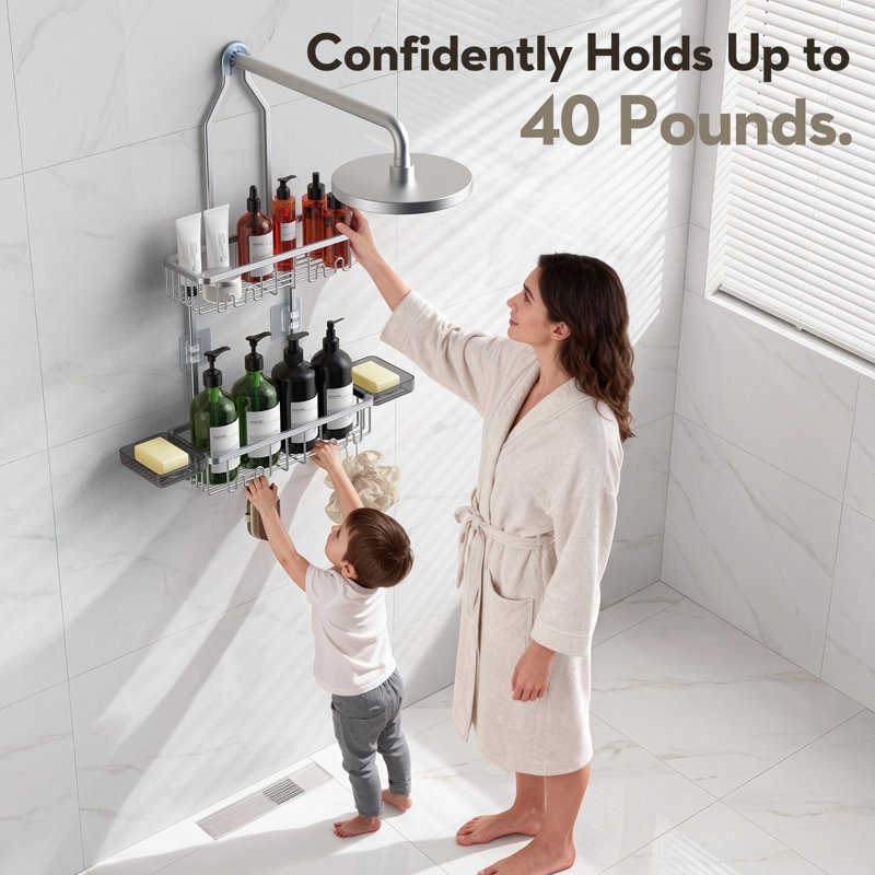 Support de douche suspendu, support en aluminium antirouille avec crochets et porte-savon, rangement de salle de bain sans perçage, argent brillant