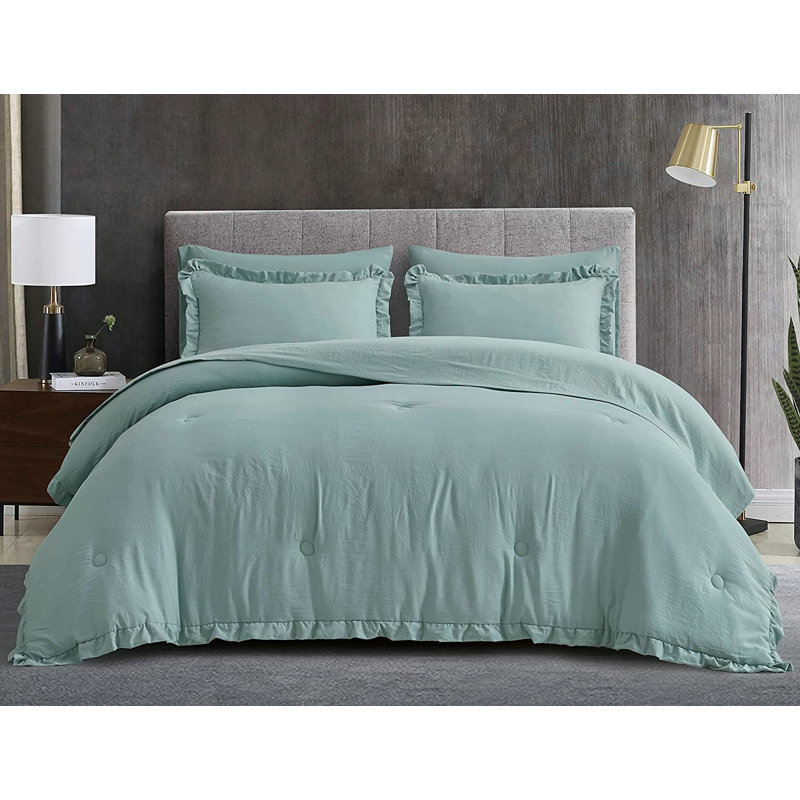 Ruffled Edge Microfiber Bed in a Bag Comforter Set, Aqua, King Comforter + 6 Additional Pieces