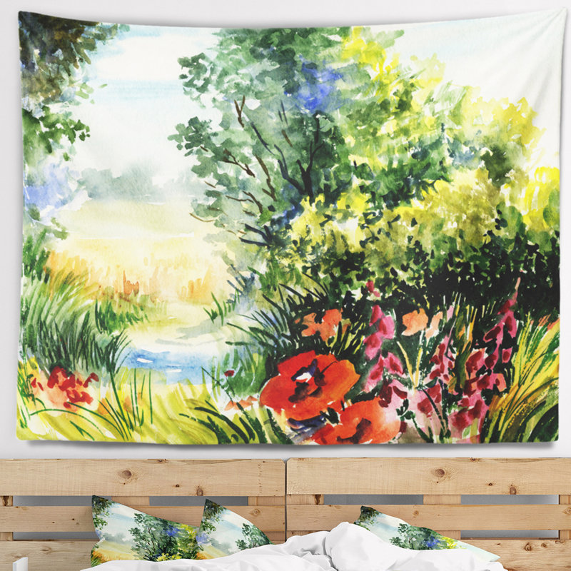 Paysage aquarelle avec tapisserie de fleurs, H 32 po x l 39 po
