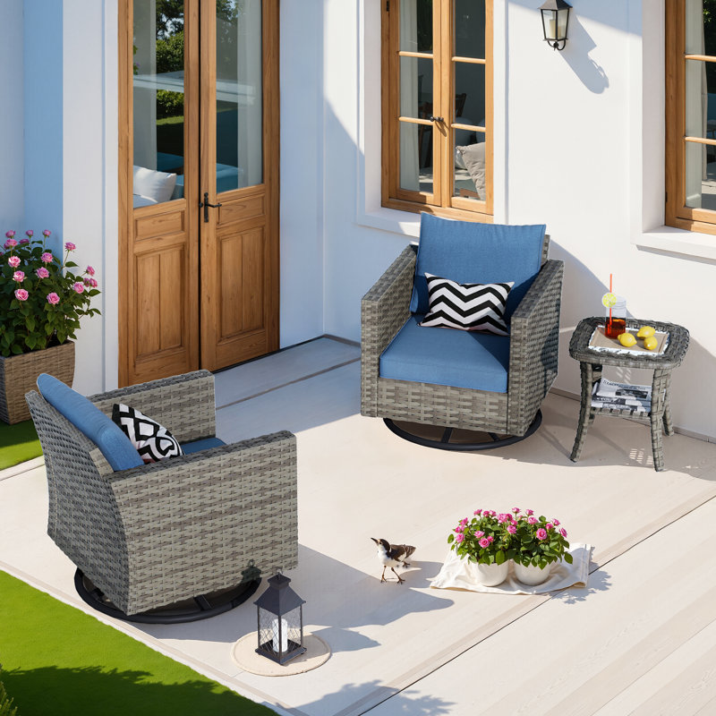 Allcot 3 Piece Outdoor Swivel Chair, Rocking Patio Set With Cushions, Denim