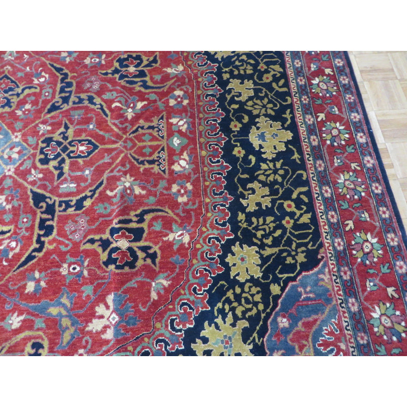 Tapis rouge / bleu en laine noué à la main Dereyon, Rectangulaire : 9 pi 11 po x 14 pi 2 po