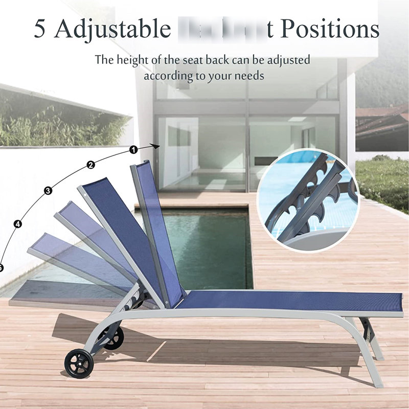 Chaises de patio avec 5 dossiers réglables - Bleues, en tissu respirant, gain de place, canapé d'extérieur à 3 dossiers, en aluminium, faciles à déplacer
