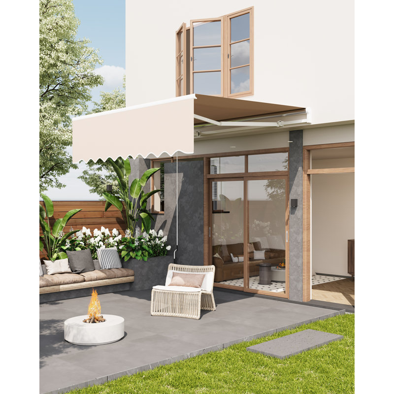 Khaki Manual Retractable Patio Awning with Heavy-Duty Aluminum Frame, 10x8 FT UV and Rain Protection Outdoor Sun Shade, Easy Crank Operation