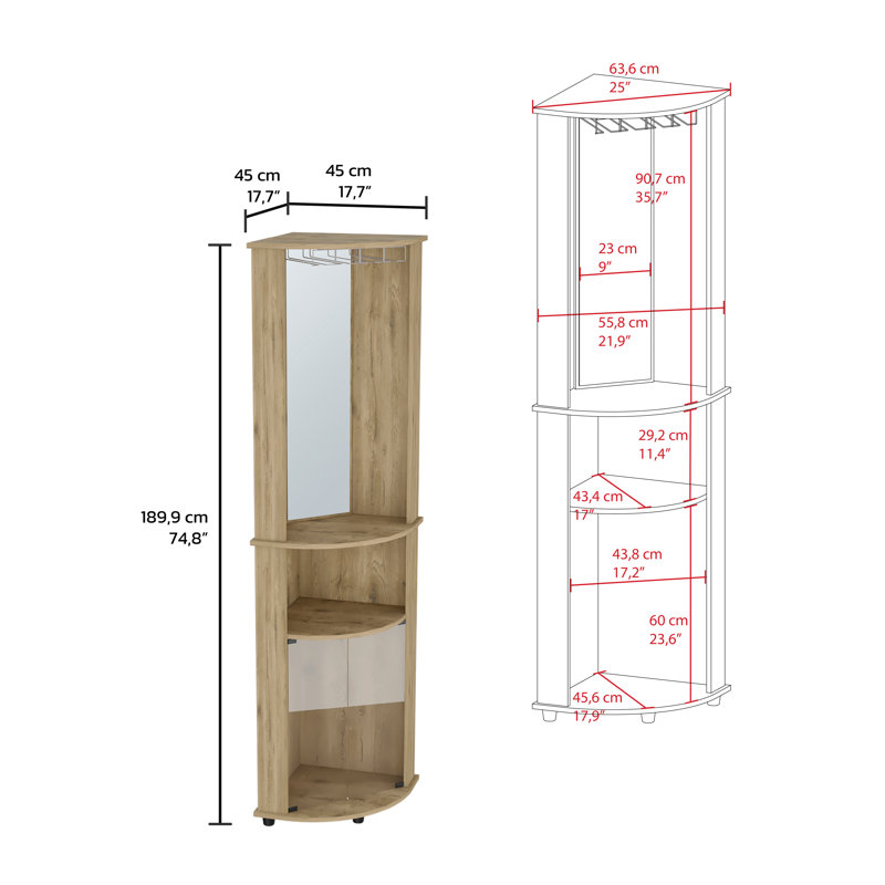 Chicago 75" H Mirrored Corner Bar Cabinet, With Glass Doors, Two Shelves and Stemware, Beige