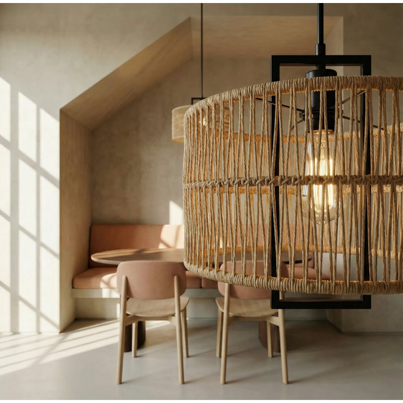 12.6" Hand Woven Rattan Chandelier Boho Adjustable Pendant Light for Kitchen Island Dining Living Room