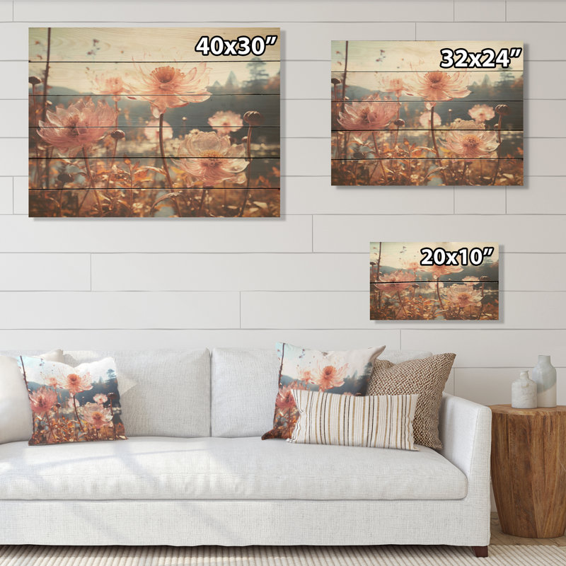 Floral Meadow Delight - Art mural sur bois de pin naturel, H 10 po x l 20 po