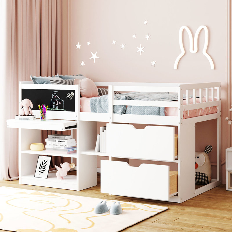 Lit mezzanine simple bas blanc avec bureau roulant, tablette et tablette de tiroirs organisés - Option de chambre polyvalente