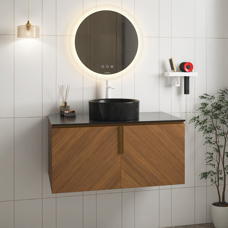 Meuble-lavabo de salle de bain en contreplaqué 36 po, armoire de rangement murale avec portes doubles, comptoir en pierre frittée noire et lavabo rond en céramique noire avec motif de pierre, couleur grain de bois de chêne brun