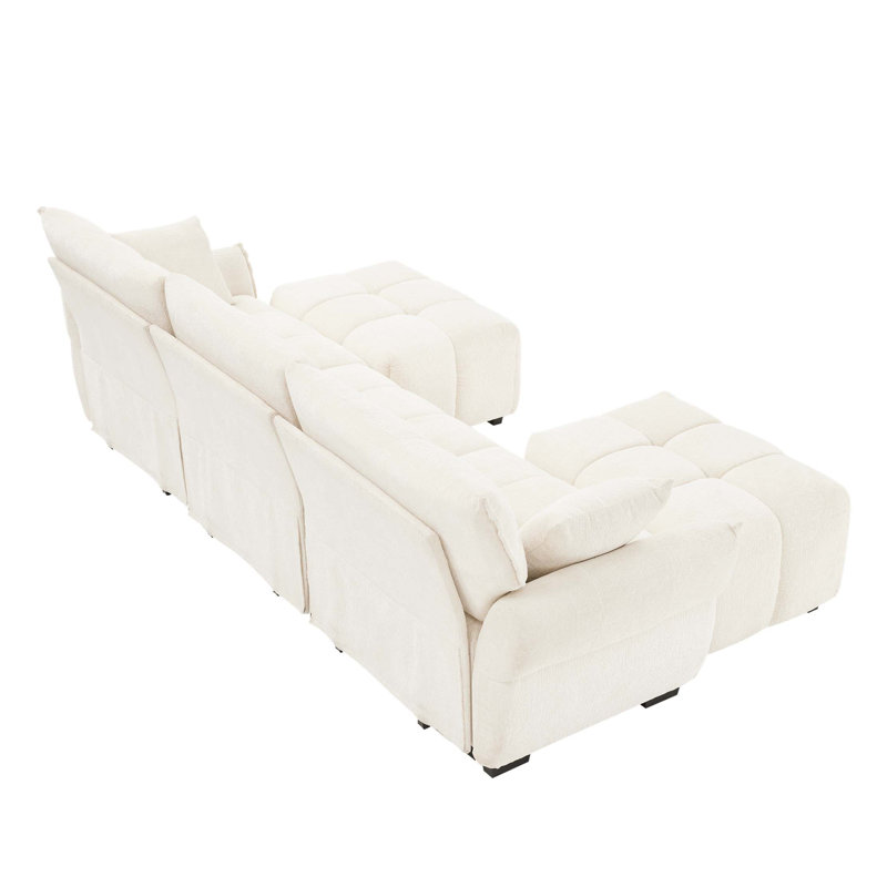 Ensemble de canapé 3 places avec repose-pieds et coussins décoratifs, structure robuste en bois massif en tissu chenille texturé élégant