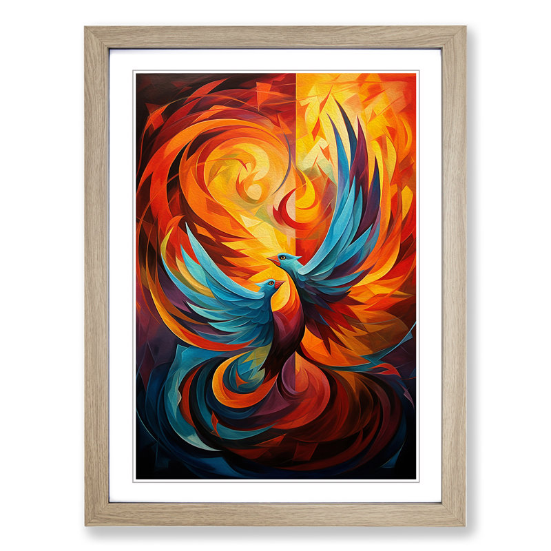 Phoenix Cubism - Single Picture Frame Print on Wood, 34cm H x 25cm W x 2cm D, Oak Framed