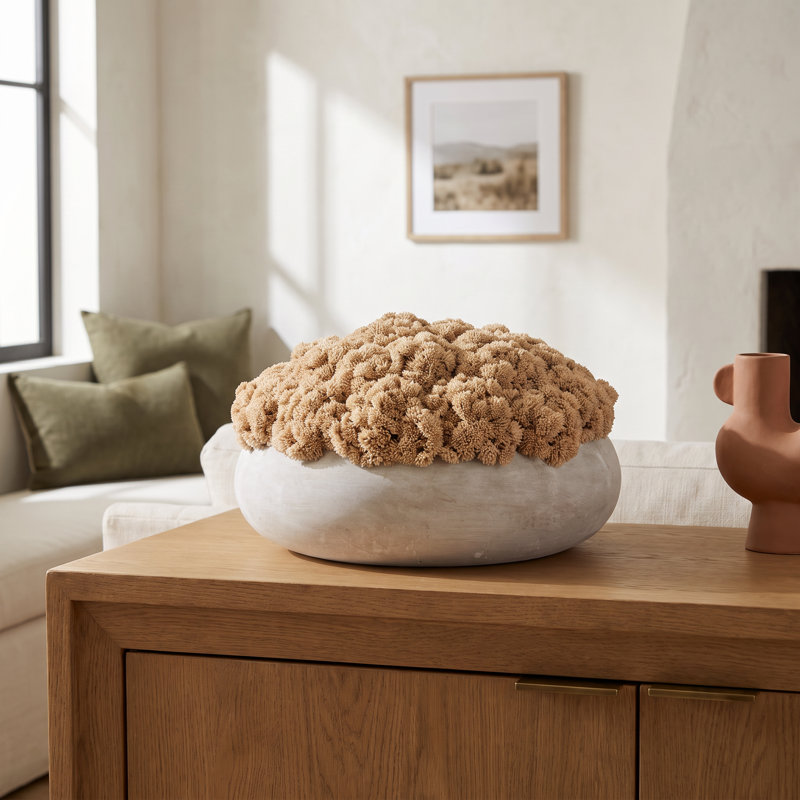 Sedum disposée dans un pot de fleurs en pierre, H 9 po x l 15 po x P 15 po, Beige