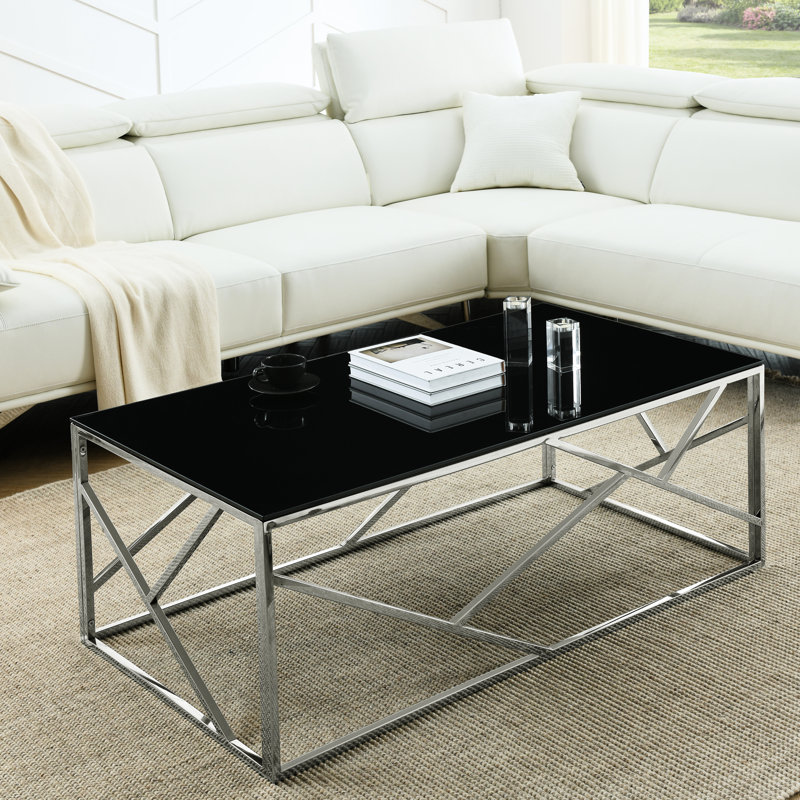 Table basse rectangulaire en acier inoxydable et verre trempé noir pour la chambre à coucher - Structure polie