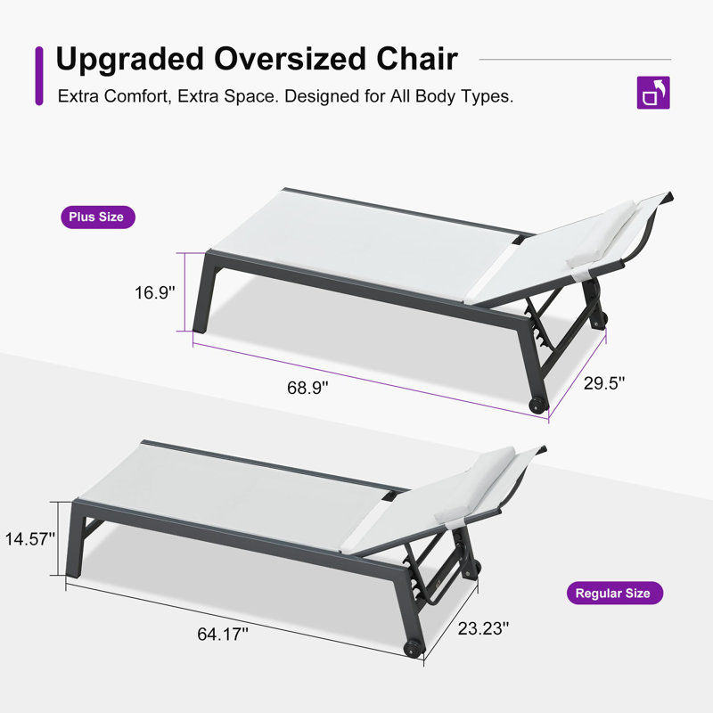 Outdoor Oversized Patio Chaise Pool Lounger Aluminum Frame With Side Table And Wheels, White