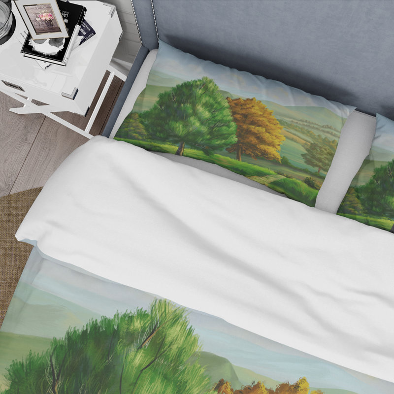 Paysage champêtre avec arbres vibrants - ensemble de housse de couette traditionnel - microfibre de polyester
