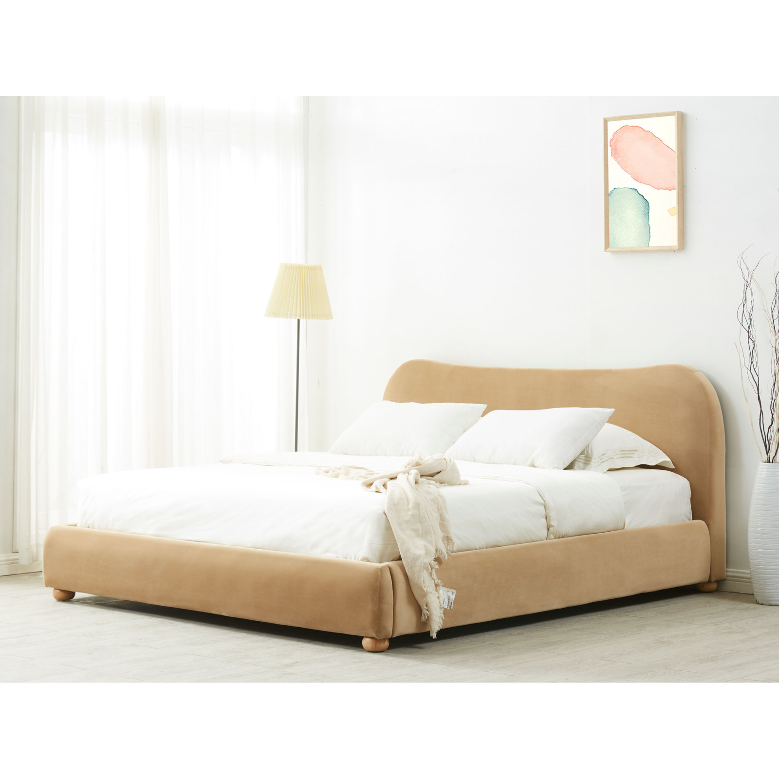 Liza Velvet Upholstered Bed, Queen, Light Brown Velvet