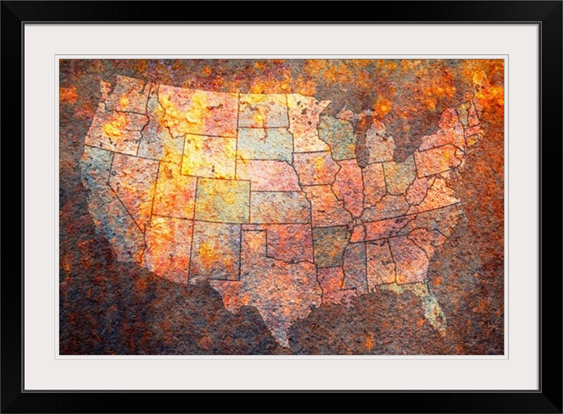 «Map of USA» par Deschamps, impression, H 20 po x l 26 po x P 1 po, Cadre noir