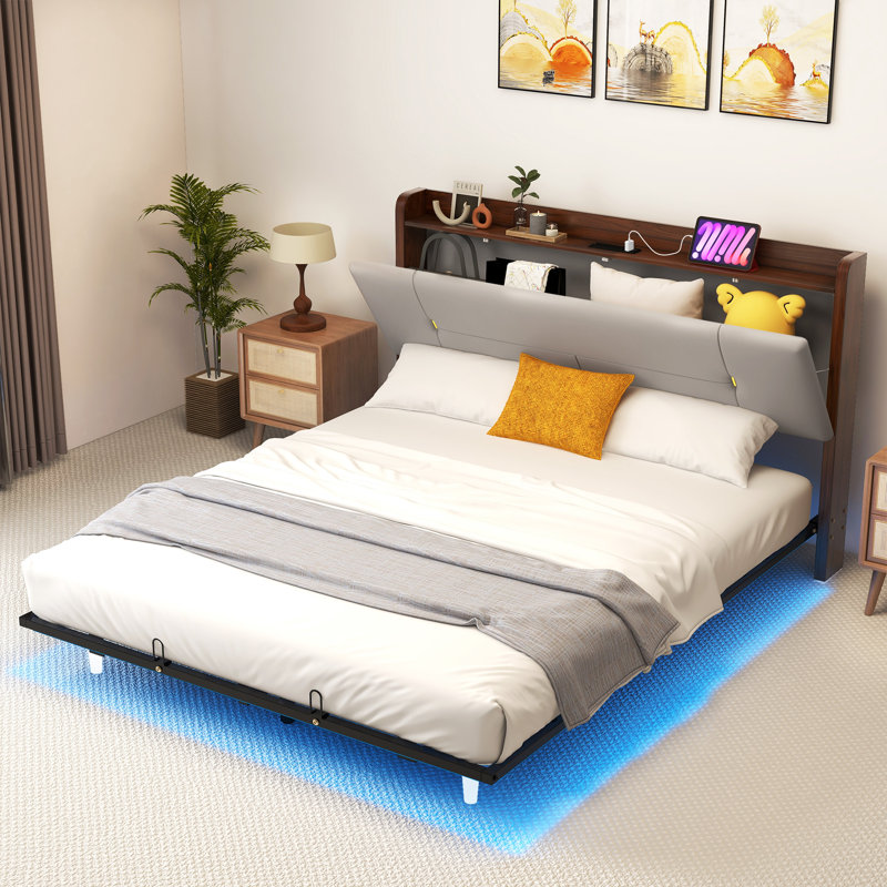 Upholstered Platform Storage Bed with LED Lights, Grey, Queen