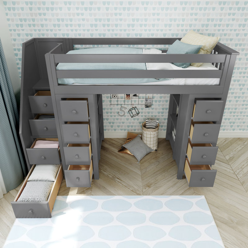 Gannon Kids Twin Loft Bed with Drawers, Gray