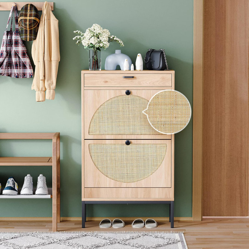 Wooden Shoe Cabinet With Rattan Doors, Entryway Storage Organizer For Sneakers, High Heels, And Slippers, Adjustable Shelves And Flip Drawers