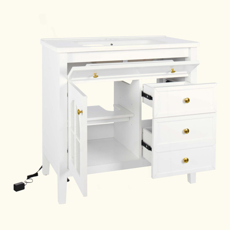 Lavabo de salle de bain de style Mid-Century avec verre à motif et bande lumineuse à capteur de mouvement, lavabo de salle de bain autoportant Farmhouse avec rangement, meuble-lavabo haut de gamme (robinet non inclus)
