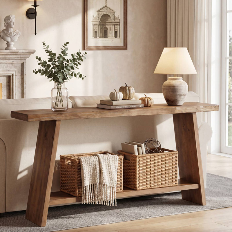 Console de 63 po en bois massif, table d'entrée avec tablette de rangement