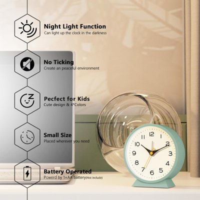 Réveil-matin analogique 4,5 po, petite horloge de bureau rétro à pile, horloge de table en métal Slient avec éclairage pour décor de salon, chambre à coucher, chevet, tablette (vert)