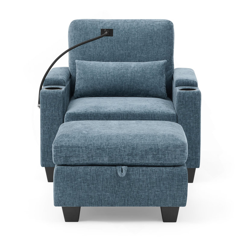 Canapé inclinable simple avec dossier réglable manuellement, port de charge USB sur le côté de l'accoudoir, support pour téléphone inclus, rangement caché pour l'accoudoir et repose-pieds de rangement assorti - bleu