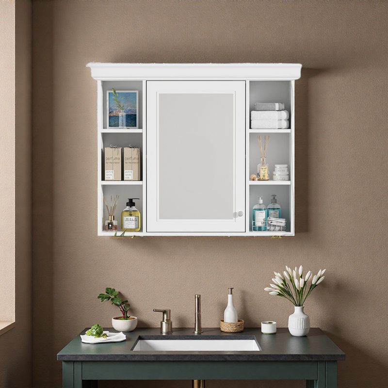 Armoire de rangement murale 35 po x 28 po avec porte miroir, armoire de salle de bain moderne avec miroir, armoire à pharmacie avec 6 tablettes ouvertes