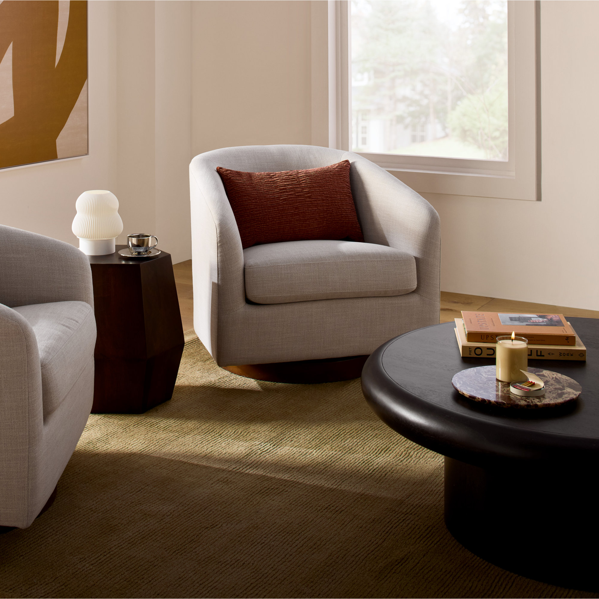 Bennett Upholstered Swivel Barrel Chair, Effie Linen Performance Linen