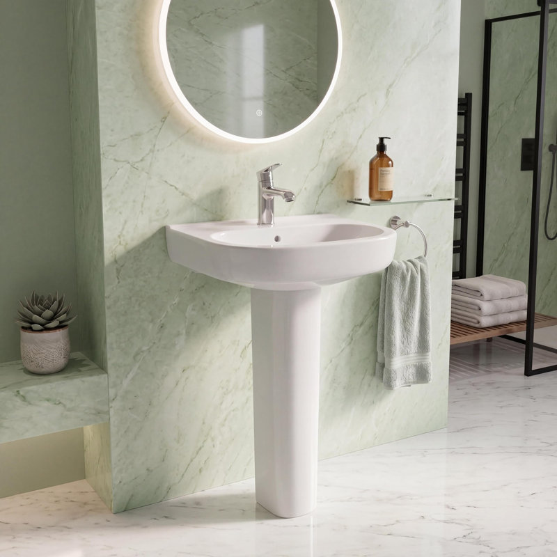 Lavabo sur pied en céramique blanche 22 po x 17 po, lavabo de salle de bain autoportant avec trop-plein, ensemble lavabo profond pour salle de bain d'invité et salle de bain d'invités, 3 trous de 8 po