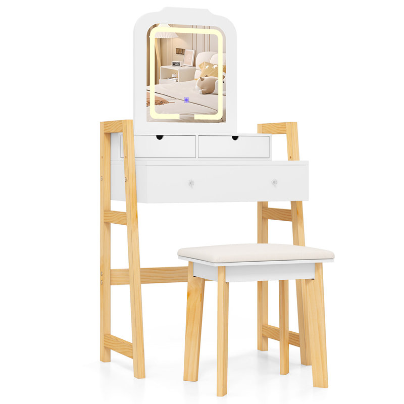 Vanity Desk Set with LED Mirror, Dressing Table and Stool with 3 Light Settings, Adjustable Height