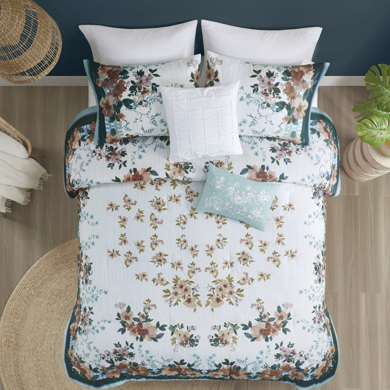 Édredon double avec coussins décoratifs à imprimé floral gris et bleu sarcelle taille mauve