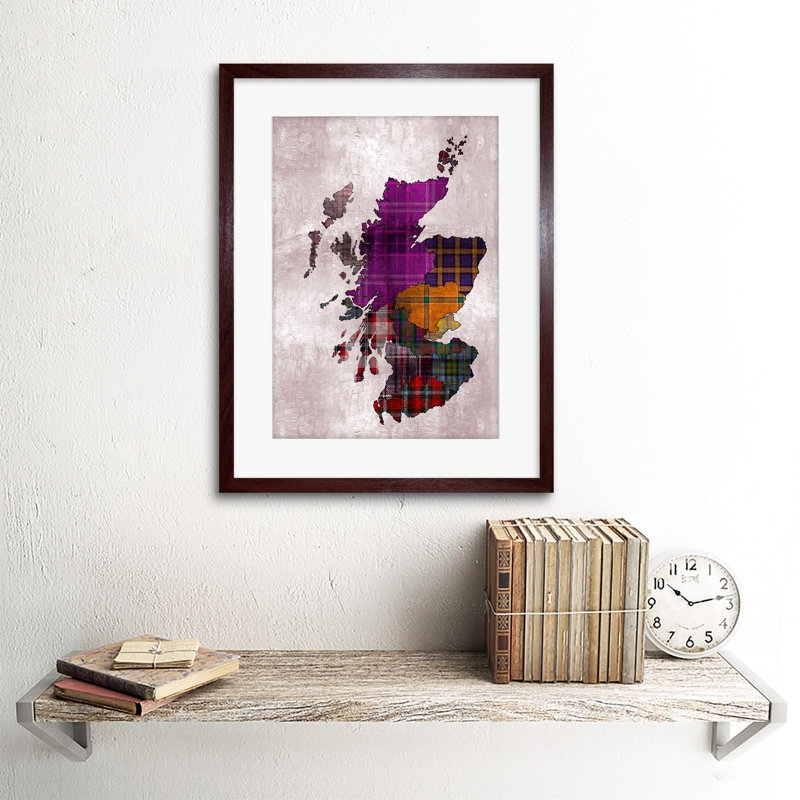 Painting Map Outline Scotland Tartan Inset Regions - Single Picture Frame Print, Brown, 49.9cm H x 35.6cm W x 3.5cm D