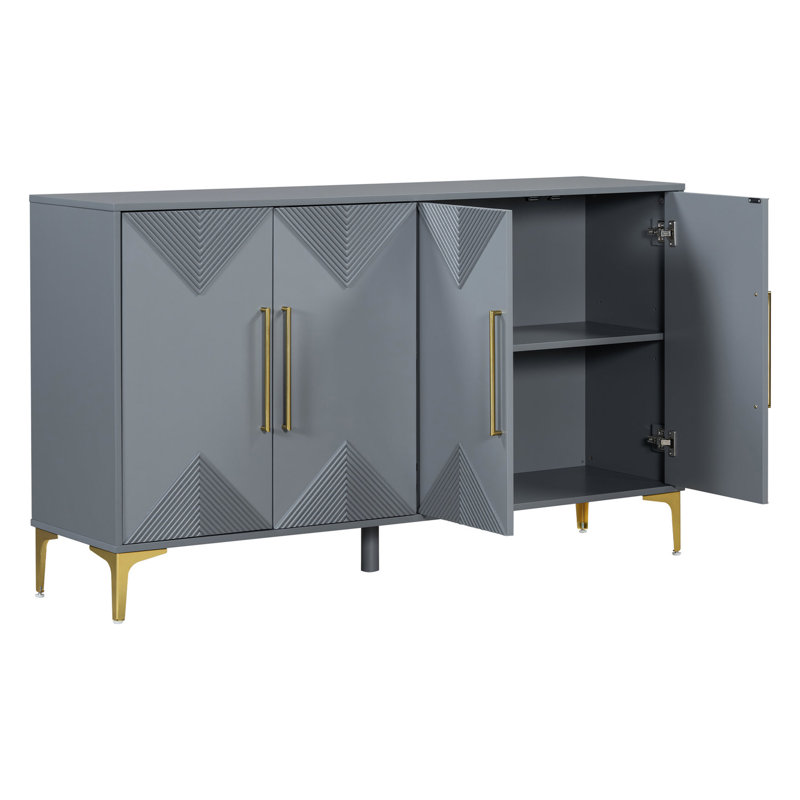 Buffet à deux tons à motif triangulaire - rangement fonctionnel et élégant à quatre portes pour différentes pièces, tablettes réglables, gris