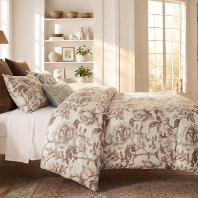 Vintage Floral Duvet Cover King 100% Cotton Bedding Set Brown Floral Leaf Botanical Print 3 Pcs Super Soft & Breathable Duvet Cover Set with Zipper Cornet and Corner Ties