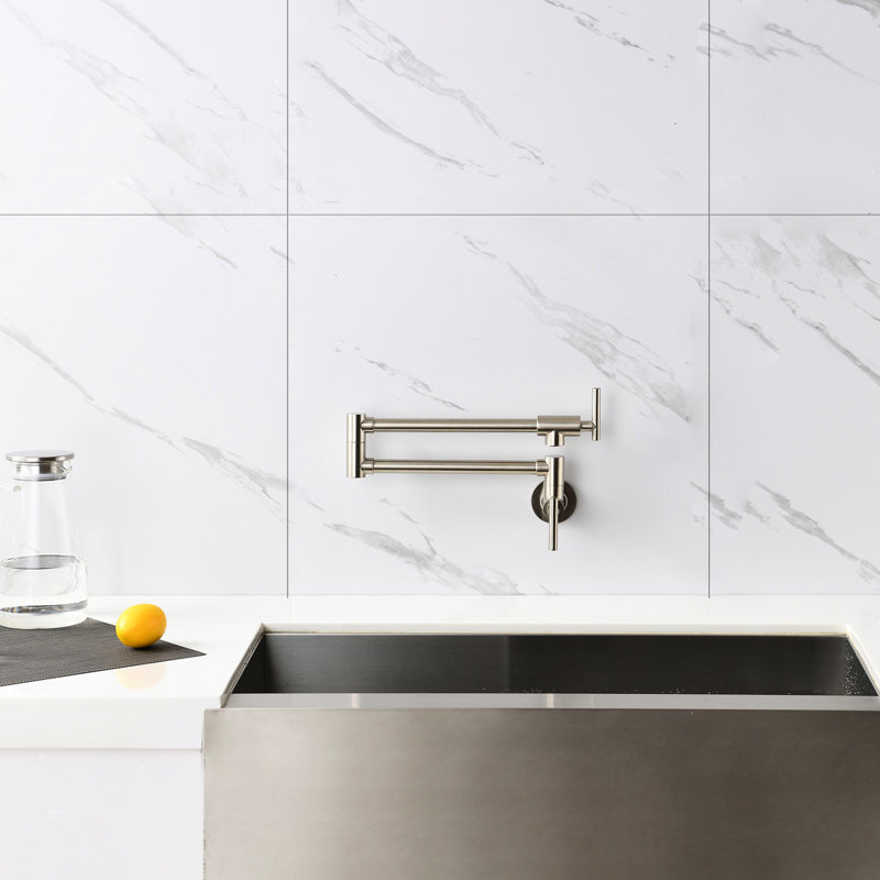 Brushed Nickel Pot Filler Faucet With Wall Mount And Folding Function - Arm For Convenient Use, Double Handles To Manage Water Flow, Corrosion Surface Treatment Mounted Kitchen In Efficient Output,