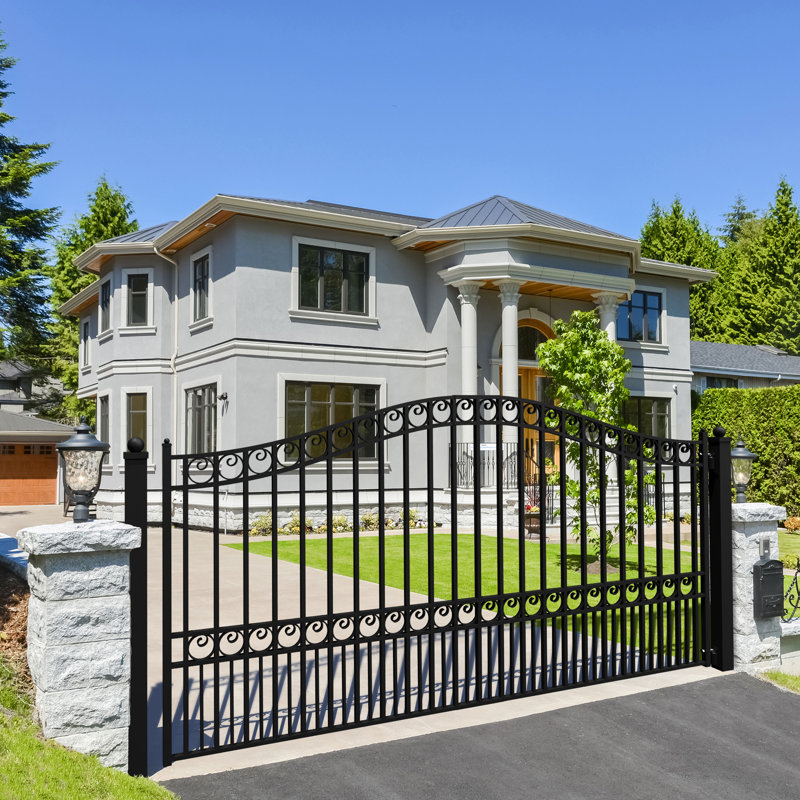 Black Steel Arched Driveway Gate with Ornamental Design