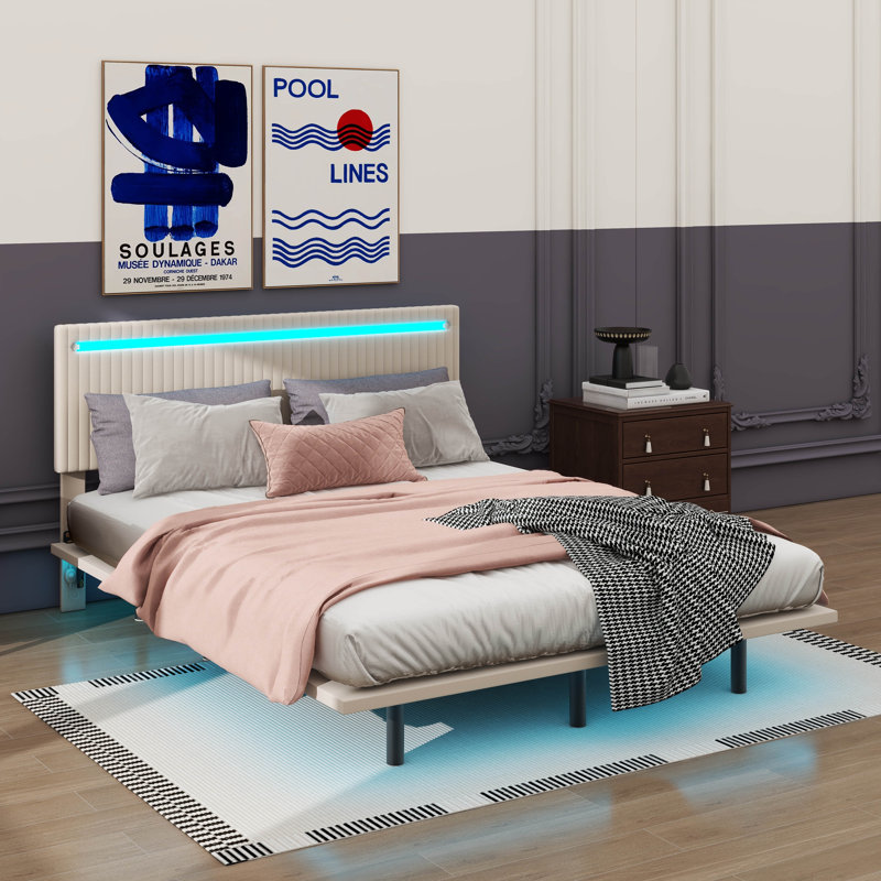 Modern LED-Lit Upholstered Floating Bed Frame, Beige, Queen
