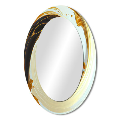 White And Gold Bold Movement I - Abstract Oval Decorative Mirror On Metal