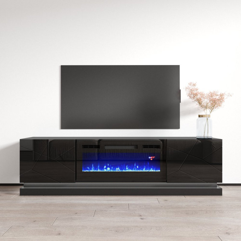 70.9" Modern TV Stand with Electric Fireplace, High Gloss Finish, Media Storage, Black
