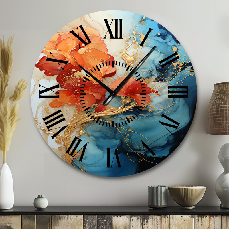 Horloge murale orange, sarcelle et fractale abstraite moderne, Grand