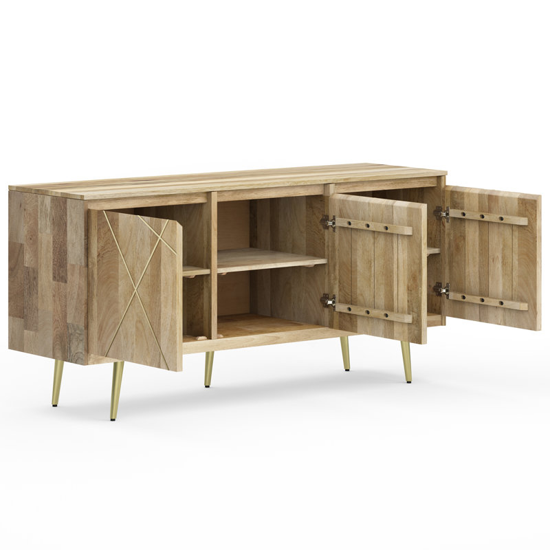 Jager 60"W Solid Mango Wood Mid-Century Contemporary 3-Door Sideboard Buffet with Geometric Brass Inlay